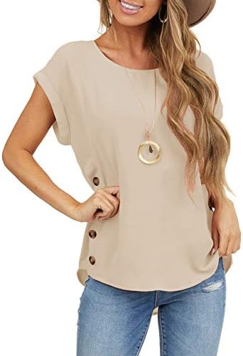 Limerose Women's Short Sleeve Tops Crew Neck Side Button Shirts Casual Loose Fit T-Shirt Apricot