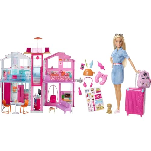 Barbie Supercasa, casa de muñecas con Accesorios, con Cuatro Habitaciones, terraza en la azotea & Muñeca Viajera - Conjunto de Viaje con Maleta Rosa y Perro