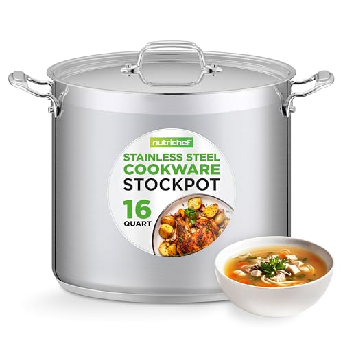 NutriChef 16-Quart Stainless Steel Stockpot - 18/8 Food Grade Heavy Duty Large Stock Pot for Stew, Simmering, Soup, Includes Lid, Dishwasher Safe, Works w/Induction, Ceramic & Halogen Cooktops