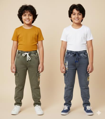 Image of Boys Cargo Pants, Kids Cargo Jeans with Pockets, Adjustable Waist, Stretch Denim Casual Pants for Boys