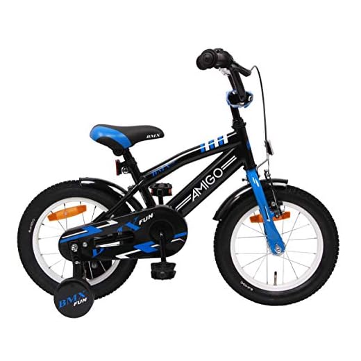 Amigo BMX Fun - Barncykel 14 tum - cykel för pojkar från 3-4 år - Med navbromsen, framhjulsbromsen, cykelklocka och träningshjul - Svart/Blå