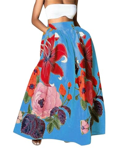 Women Floral Maxi Skirt Summer Flowy Long Skirt with Pockets