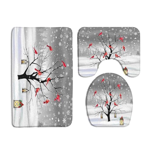 Winter Tree Bird 3 Pcs Bath Rugs Set,Christmas Red Bird Snowy Pine Tree Snowflake Winter Holiday Nature Scene Bathroom Kitchen Rug with 17.8