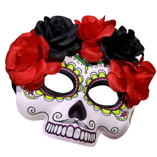 Pjeghbvop Máscara de calavera de azúcar con decoración de rosas,