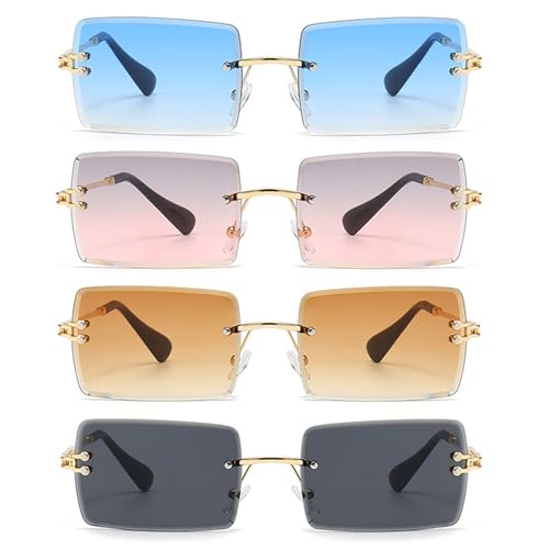 HTTDSLF 4 Stück Retro Randlose Sonnenbrille Herren, Klassische Rechteckige Sonnenbrillen für Damen Retro 90er Trendy, Rahmenlose Sonnenbrillee, Sonnenbrille Ohne Rahmen, UV-Schutz, Farbverlauf