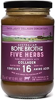 Australian Beef Bone Broth Concentrate - Five Herbs with Grass-Fed Collagen. Improve your gut and digestive well-being with an instant cup. 395 grams Made in Australia