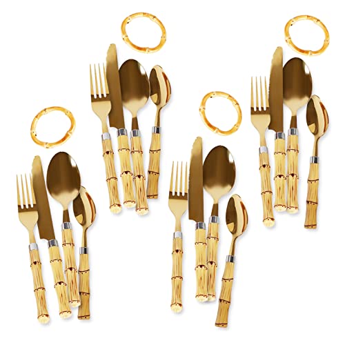 20-Piece Bamboo Style Flatware Set With Napkin Rings For Dining & Entertaining, Gold Plated Stainless Steel Forks Knives Spoons For Kitchen & Dining — Tableware Cutlery And Utensils Set For 4 People #TOP6
