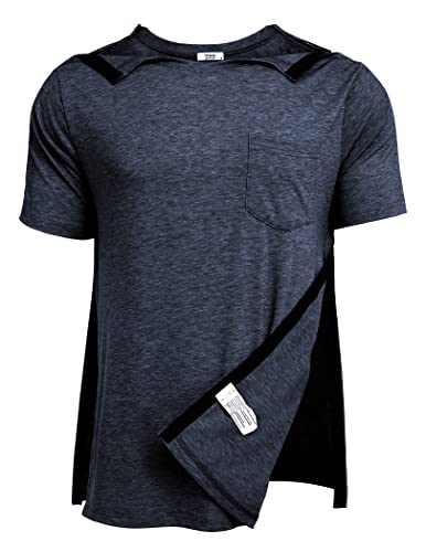Deyeek Men's Post Shoulder Surgery Shirts Recovery Tear Away Short Sleeve Full Open Side Snap Adaptive Chemo Clothing