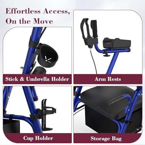 Image of Upright Rollator Walker, Heavy Duty Stand Up Walkers for Seniors with Seat and Reversible Backrest, Foldable Standing Rollator with 8 inch Anti-Slip PU Wheels, Blue