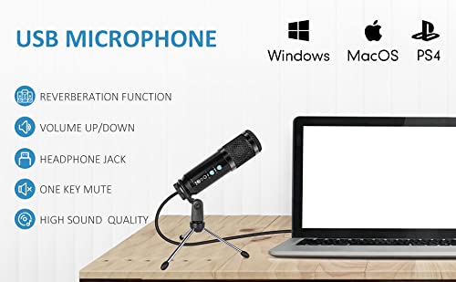 Diagram showing USB microphone compatibility with Windows, MacOS, and PS4, highlighting features like reverberation, volume control, headphone jack, mute, and high sound quality