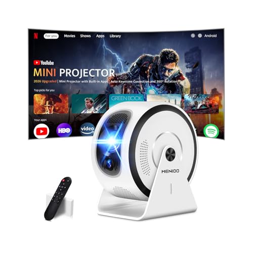 [App intégrée] Mini Projecteur Supporte 4K 1080P 2026 Upgraded Auto Focus & Keystone, Vidéoprojecteur Correction 360°Rotation avec WiFi 6 et Bluetooth 5.4 projecteur avec HDMI/TV Stick/USB/ - Blanc