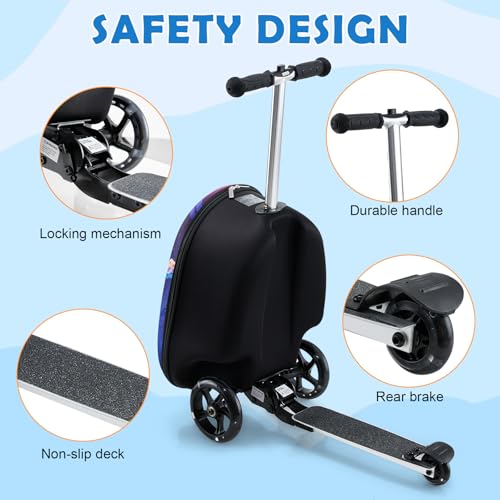Yacul Kids Suitcase Scooter, 2-in-1 Foldable Luggage with LED Light Wheels, Lightweight Carry-On Travel Suitcase for Boys and Girls(Blue)4