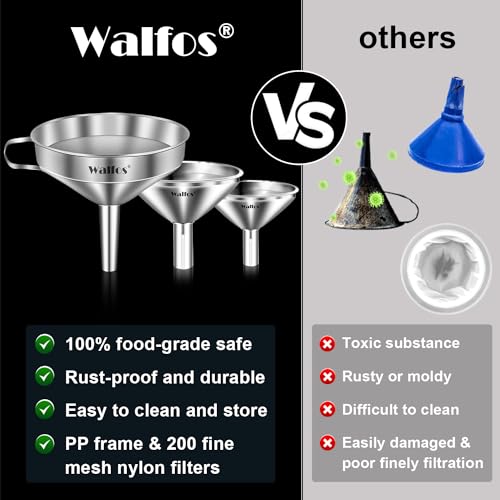 Stainless Steel Funnel, Walfos 3 Different Sizes of Kitchen funnels with 2 Removable Strainer ＆ 1Pcs Cleaning Brush, for Transferring of Liquid, Oils, Jam, Powder