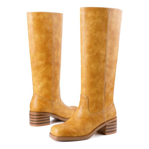 Banana Knee High Boots for Women Square Toe Chunky Block Heel Riding Boots Comfortable Low Heel Casual Wide Calf Tall Campus Boots2