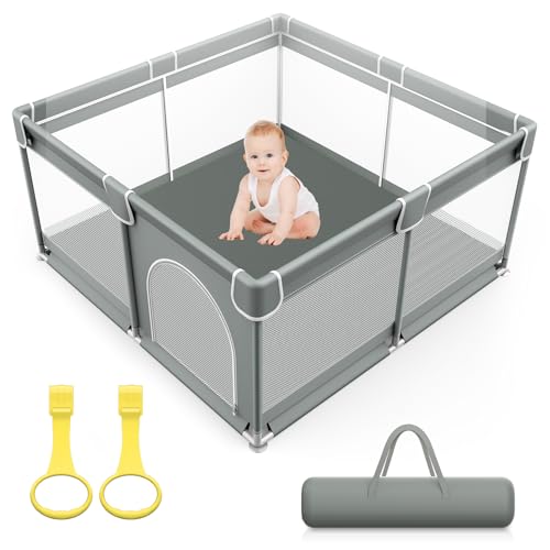 VANCLE Box Bambini con 2 Anelli, 127x127x68cm, Recinto Bambini, Box Neonato Stabile Griglia con Rete Traspirante (Grigio Elegante)