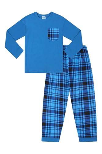 ThePyjamaFactory Jungen Blau Langer Karierter Hose Baumwolle Schlafanzug Satz PJs für Kinder (15-16 Jahre)