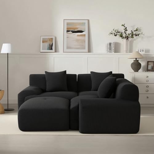 Image of 107 inch Cloud Modular Sectional Couch,Boneless Sofa with Ottman,L-Shape Upholstered Sofas with Deep Seat,Modern Cozy Corduroy Couches with Memory Foam,No Assembly Required (Black)