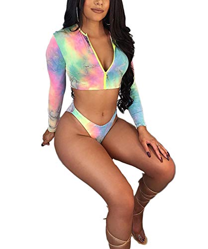 SIAEAMRG Rash Guard Long Sleeve Swimsuit for Women, 2 Pieces Sexy High Waisted Triangle Bikini Bathing Suits, 7D Print Tankini Swimwear (A-Multicolor, XL (US 14-16))