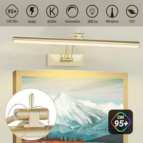 Image of Yuichoy 2 Pack Picture Light Battery Operated for Wall, 16 inch Wireless Display Art Lighting for Painting with Remote, Dimmable 5200mAh Picture Frame Lights for Gallery, Antique Brass