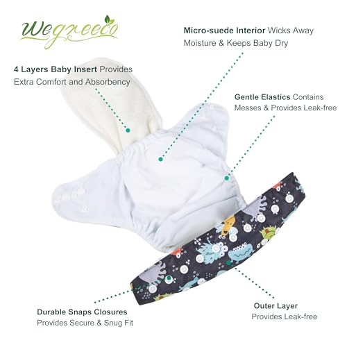 Image of Wegreeco Cloth Diapers 6 Pack with Inserts & Wet Bag, Washable Reusable Diapers for Babies, One Size Adjustable (Monster Style)
