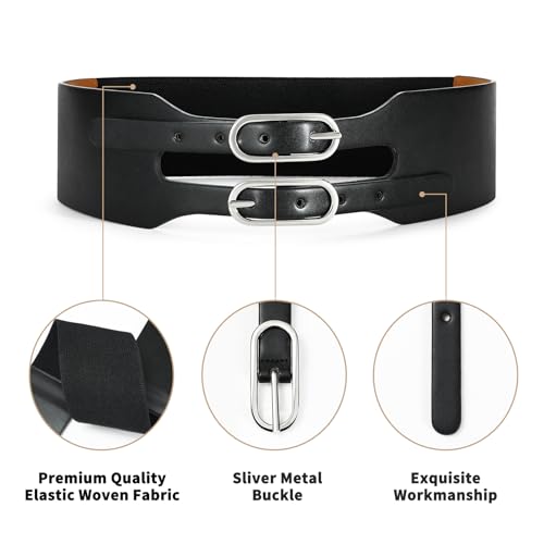 Women's Wide Leather Belt with Double Buckle, Black Leather Belt Silver Metal Buckle for Dress4