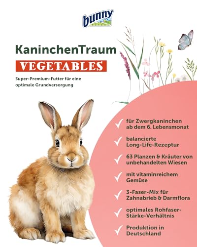 bunnyNature KaninchenTraum Vegetables - Zwergkaninchen Alleinfuttermittel ab 6. Lebensmonat - Kaninchen-Futter - 63 Pflanzen, Kräuter & Extra Gemüse - 1,5kg