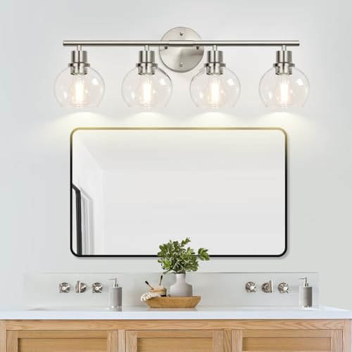 Image of Indoi 4-Light Bathroom Light Fixtures, Brushed Nickel Modern Vanity Lights Over Mirror with Clear Glass Globe Shade, Bathroom Wall Sconces for Mirror Kitchen Living Room Hallway Cabinet Bedroom Porch