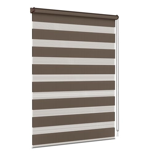 Jalousiescout Doppelrollo Klemmfix ohne Bohren & mit Bohren, 35x120cm Dunkelbraun Rollo Fensterrollo lichtdurchlässig, Sonnenschutzrollo Zebrarollo für Fenster & Türen