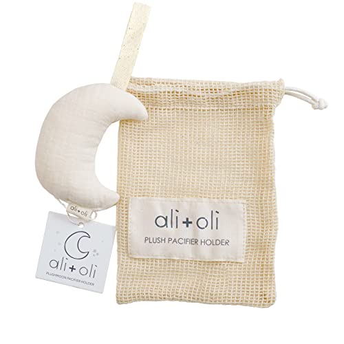 Image of Ali+Oli Plush Muslin Cotton Pacifier Holder (Moon-Ivory) Soft Binky Holder for Babies, Plush Holder for Pacifiers, Cute Baby Binkies Plush Holder, Pacifier Holder for Baby Boys & Girls
