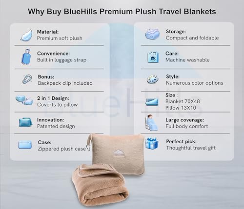 Image of BlueHills Premium Soft Tall Travel Blanket Pillow for Airplane Traveling Essentials Long Flight Trip Throw in Bag case with Backpack Clip Compact Large Plane Accessories Beige T053