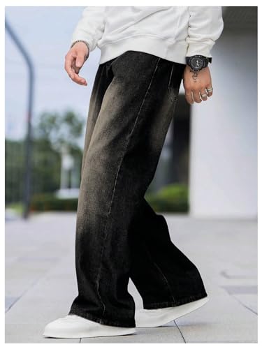 OYOANGLE Men's Wide Leg Denim Pants Casual Hip Hop Solid Loose Fit Jean Pants Streetwear Skateboard Pants4