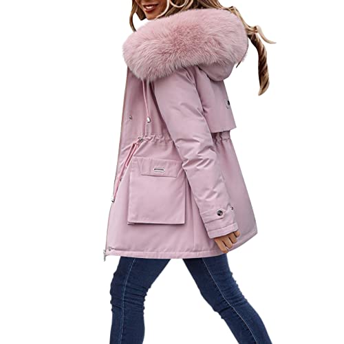 Generisch Parka da donna, funzionale, parka invernale, con chiusura lampo, antivento, con colletto alto, elegante, con cappuccio, giacca sportiva lunga, foderata in pile, Colore: rosa., XL