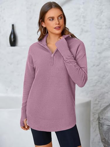 Image of PRETTYGARDEN Womens Long Sleeve Quarter Zip Pullover Sweater | Casual Loose V Neck Sweaters with Thumb Hole, Collared Ribbed Knit Jumper Tops, Oversized Tunic Tops, Fall Outfits 2026