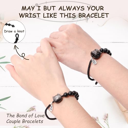 Image of 2pcs Black Obsidian Couples Bracelets with Wealth-Attracting Cat and Pixiu Design - Energy Purification, Good Luck Gift for Anniversary - Unisex Matching Bracelets for Couples -Lucky Cat