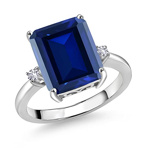 Gem Stone King 6.78 Cttw Blue Simulated Sapphire and White Created Sapphire 3 Stone Engagement Ring For Women | 925 Sterling Silver | 12X10MM Emerald Cut | Available in Size 5,6,7,8,9
