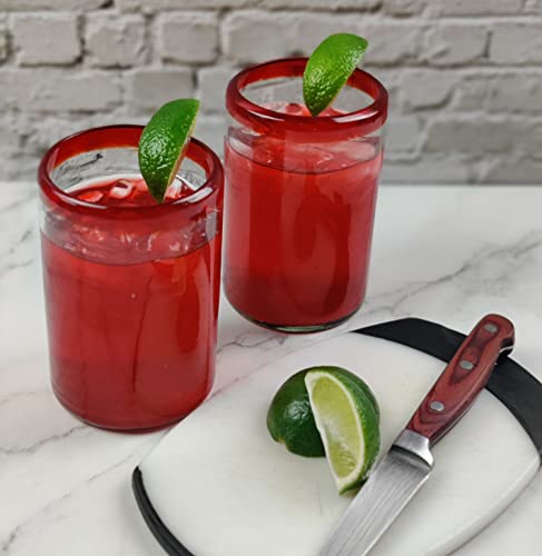 Hand Blown Mexican Drinking Glasses - Set Of 6 Glasses With Red Rims (14 Oz Each) #TOP6