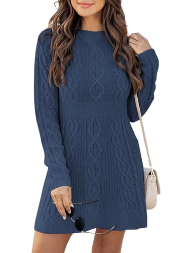 Ebifin Strickkleid Damen Rundhals Strickpullover Kleid Elegant Tunika Pullikleid Winterkleid Sweater A-Linie Minikleid.Dunkelblau.XS