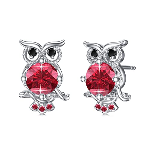 POPKIMI S925 Sterling Silver Owl Stud Earrings for Women - July Birthstone Jewelry Gifts for Daughter Granddaughter