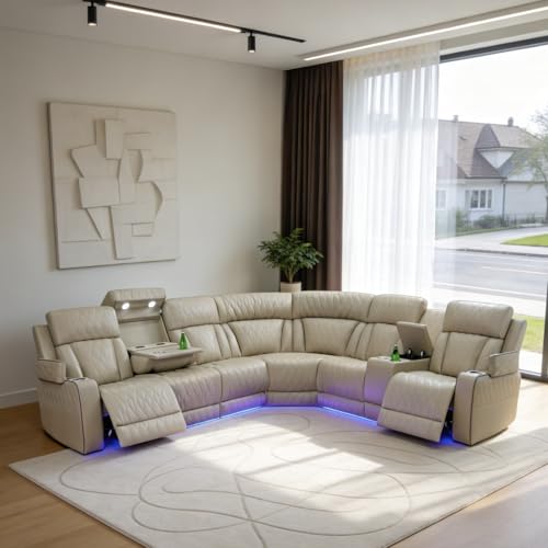 Image of Power Reclining Sectional Sofa for Living Room - Reclining Couch with Console, Cup Holders, USB Ports and LED Lights, L-Shaped Home Theater Seating Set