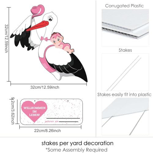 Klapperstorch Baby Rosa,Klapperstorch zur Geburt Draußen,Storch Geburt für Draussen Mädchen,Großer Storch aus Holz,Beidseitig bedruckt,Geburtsstorch inkl Holzstab+ Namensschild Grußkarte