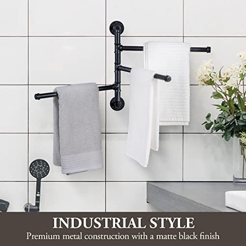 Mygift Wall Mounted Bathroom Towel Rack, Black Metal Industrial Pipe Design Swivel 3 Bar Towel Rack #TOP1