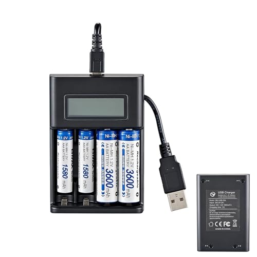 Caricabatteria AA Ricaricabile tramite USB - Base di Ricarica Rapida A 4 Slot con Display LCD Intelligente | Caricabatterie Indipendente per Batterie NiMH AA/ 1,2 V, Caricabatterie Universale