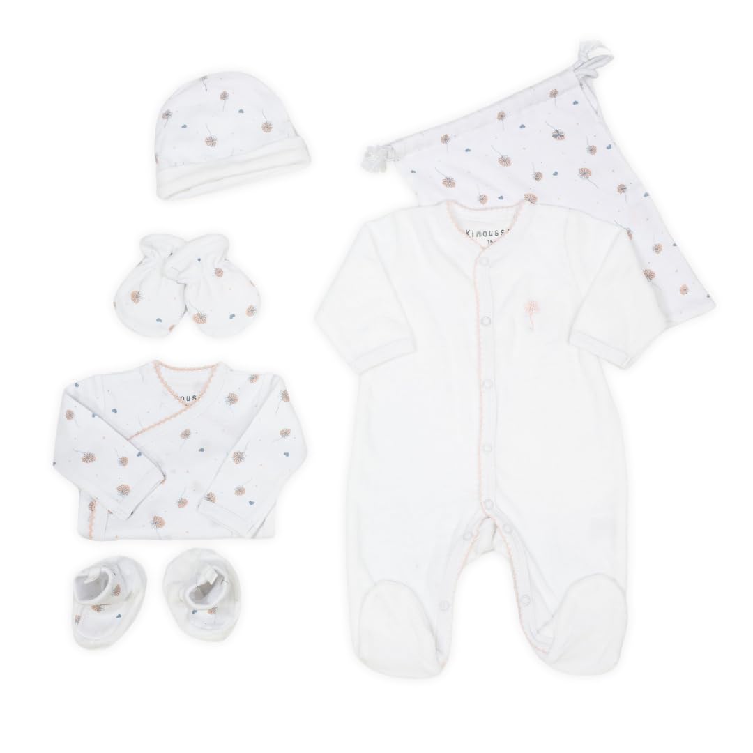 Kinousses - Kit Naissance"Petite Fleur" - 6 Pièces (Pyjama, Body, Bonnet, Chaussons, Moufles et Sac de Rangement) - Fille, Garçon, Mixte - Velours - 1 mois