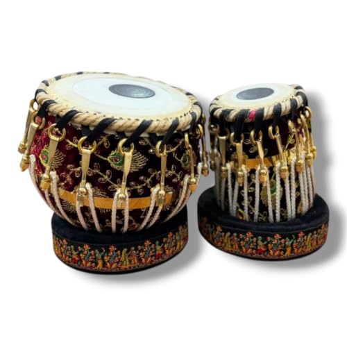 JPSK IMPEX Professional Tabla Set, Red Sheesham Wood Tabla with Steel Duggi, Peacock Design Velvet Finish, Padded Carrying Bag, Tabla Hammer & Tuning Key | Indian Classical Musical Instrument