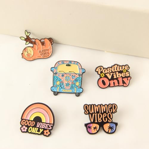 5PCS Positive Vibes Enamel Pins Bulk, Cartoon Cute Cool Girly Summer Sleepy Good Lapel Backpack Hat Pin Set, Decorative Crooches Button for Jeans, Jackets, Bags, Dress, Shoes2