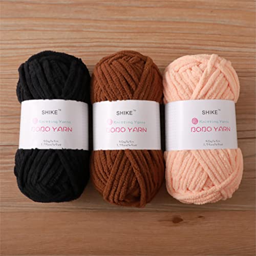 Shike Bobo Matte Chenille Yarn For Knitting And Crochet Baby Blanket,Weaving Diy Craft,Throw Pillow,Toy Doll (19-Black, 3 Skeins) #TOP1