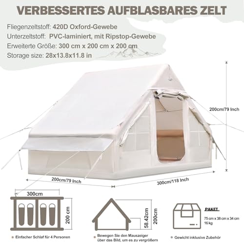 Inflatable Camping Tent with Chimney Opening & skylight, 2-8 Person Tent Outdoor with Air Pump, 4 Season Waterproof Oxford Cloth Quick Build Inflatable Tent - Image 4