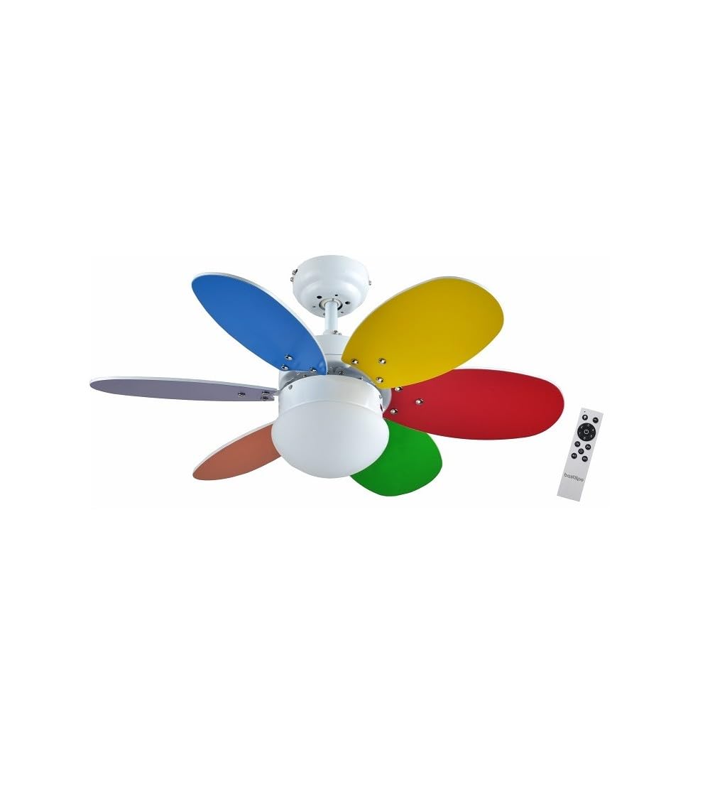 BOLONIA DC - Ventilador de techo con motor DC, mando a distancia, 75cm Ø, 6 aspas, blanco/multicolor, luz LED 3 tonos, chasis blanco
