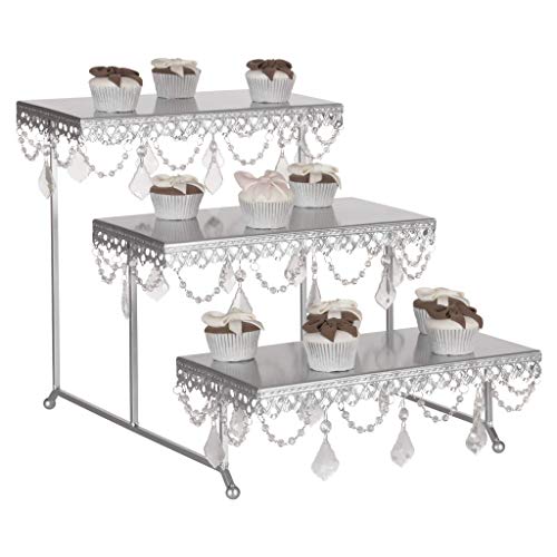 Amalfi Decor 3 Tier Dessert Cupcake Stand, Rectangular Metal Plate Tower Tray Holder With Crystals, Silver #TOP3
