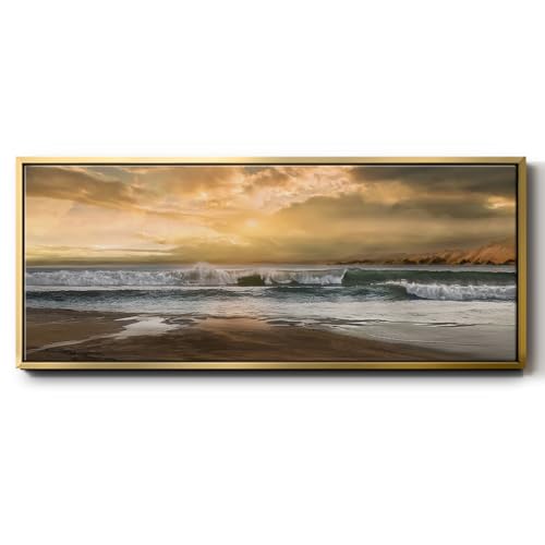 Renditions Gallery Floater Framed For Office Cloudy Beach Scene Canvas Home Decor for Lounge Drawing Room Balcony - 8"x20" Gold Frame LT611